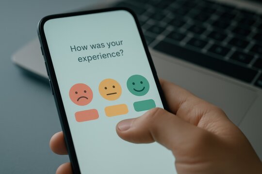 User providing feedback on experience through a mobile app interface, representing customer satisfaction and engagement. Concept of digital communication and service improvement.
