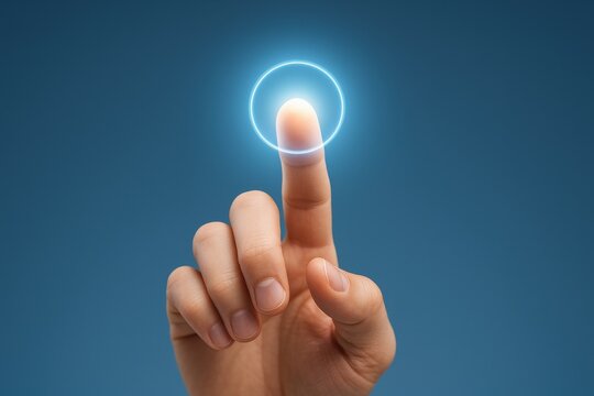 Human finger approaching a glowing digital circle, symbolizing interaction with technology and innovation. Concept of user interface, touch technology, and connectivity in the digital age.
