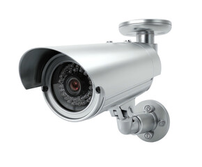Silver CCTV camera, metallic case, hood, security, wall-mounted view