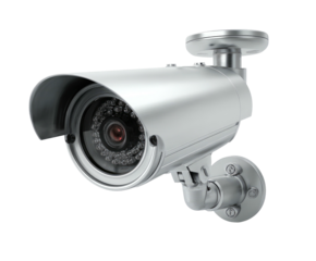 Silver CCTV camera, metallic case, hood, security, wall-mounted view