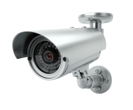 Silver CCTV camera, metallic case, hood, security, wall-mounted view