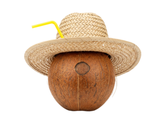 Isolated coconut face wearing a straw hat with yellow straw, summer beverage presentation