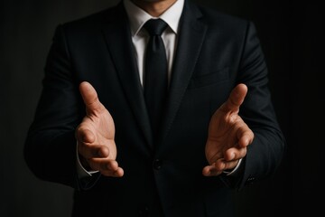 Businessman extending open hands in a welcoming gesture, symbolizing collaboration, negotiation, and professional relationships in corporate settings.