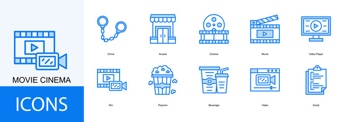 movie cinema icon collection set. Containing Crime, Access, Cinema, Movie, Video Player, film icon