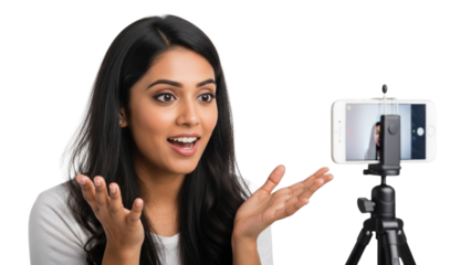 Young Woman Vlogging with Smartphone on Tripod