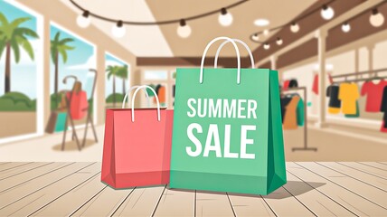 Summer sale shopping illustration with colorful bags in retail store background  
