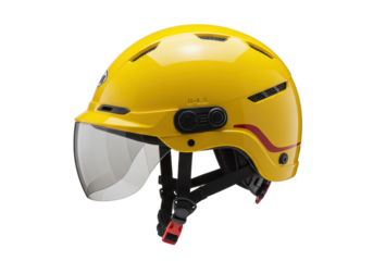 Isolated yellow safety helmet with visor for head protection in construction or engineering work