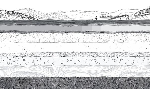 Ilustraci&oacute;n vectorial de capas geol&oacute;gicas del suelo, subsuelo y paisaje natural.