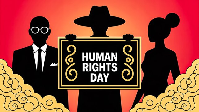 Human rights day poster with elegant silhouettes holding sign for equality freedom and awareness  
 - Powered by Adobe