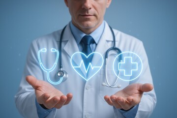 Doctor presenting digital health symbols, representing Telemedicine, wellness, and patient care in modern healthcare. Concept of healthcare innovation and technology integration.