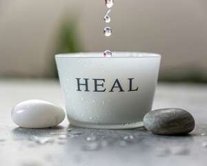 Small Frozen Droplet Above Glass with Heal Text