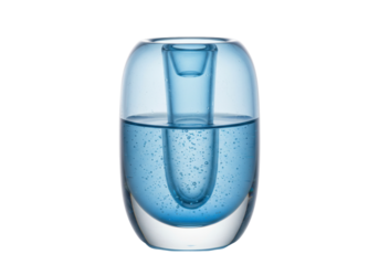 Isolated translucent blue glass vase with inner tube, bubbles and liquid filling half