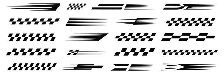 Racing car stripes and checkered pattern vector set, finish line graphics, motocross labels, dynamic speed lines, motorsport decals, sport car wraps