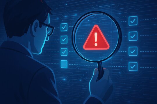 Data analyst scrutinizing an alert on a high-tech interface, symbolizing vigilance in cybersecurity and data integrity. Concept of risk management and technology oversight.