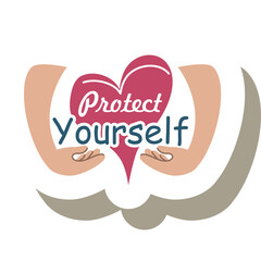 Heart emblem with protect yourself text embraced by two hands on a white background with pink and blue colors symbolizing care and safety