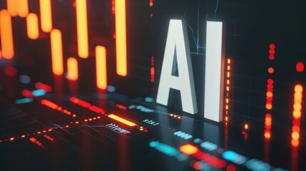 Digital representation of artificial intelligence with glowing letters and data visualizations. The scene features vibrant colors and modern technology elements.
