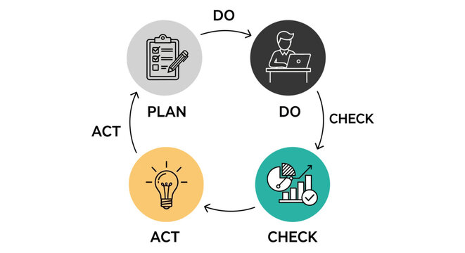 Vector infographic of a four-step circular workflow for business process optimization and continuous quality improvement