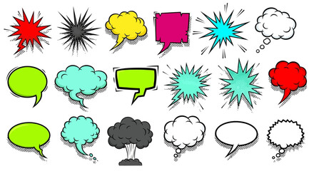 A collection of twenty-one empty comic book style speech bubbles, thought clouds, and colorful explosion icons