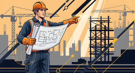 Visionary architect plans city development, pointing to blueprint amidst dynamic construction site and modern skyline, symbolizing progress and future building.