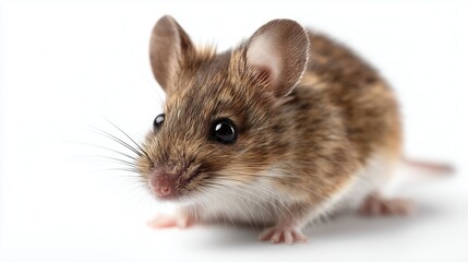 Cute brown mouse with big eyes exploring a light background indoors