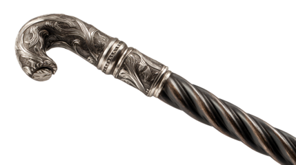 Ornate antique silver walking cane with twisted shaft isolated on transparent background
