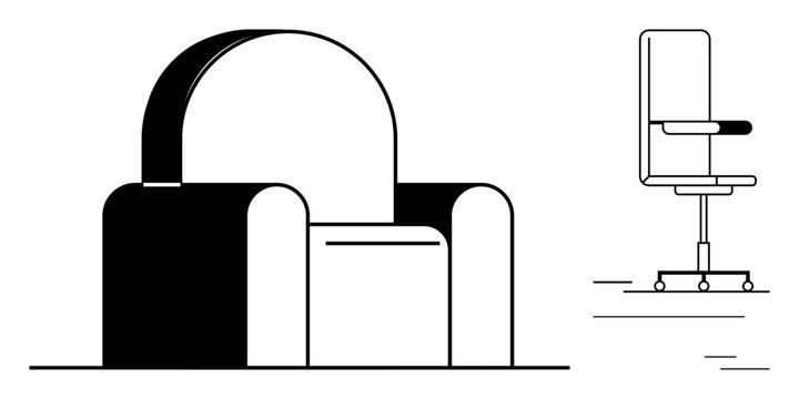 Stylized armchair with arched backrest and office chair with wheels in contrasting tones. Ideal for furniture design, interiors, workspace, comfort, home decor, minimalism, modern themes. Simple flat