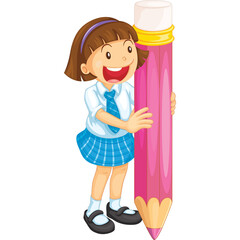 Happy Young Girl Wearing Blue Plaid Skirt and White Shirt Holding a Giant Pink Pencil Isolated on White Background