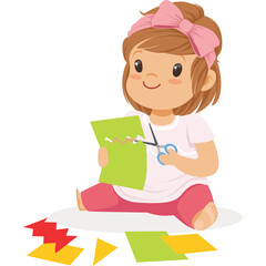 Happy Young Girl With Brown Hair Wearing Pink Headband and White Shirt Cutting Green Paper With Scissors Creative Activity with Colorful Paper Scraps