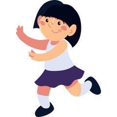 Happy young girl with dark hair in a white sleeveless top and purple skirt running with arms outstretched on a transparent background