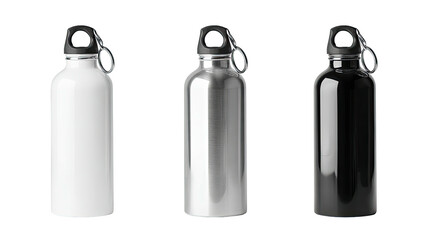 Three metal bottles in white, silver, & black