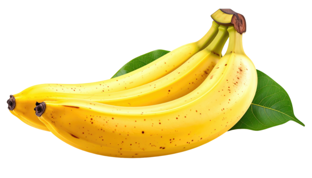 A bunch of ripe bananas with green leaves, photographed against a stark black background. The fruit shows brown spots