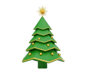 Fototapeta premium Stylized 3d green christmas tree with golden ornaments and star isolated on transparent background