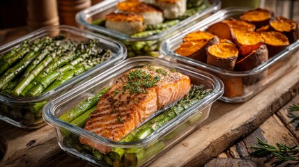 Fototapeta premium Fresh meal prep containers with salmon, asparagus, and sweet potato, arranged on a rustic kitchen counter