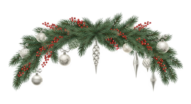 Elegant Christmas garland with silver ornaments and red berries