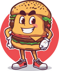A fun and cheerful hamburger mascot with a big smile and bright colors. Perfect for restaurant logos, kids’ menus, and playful food branding