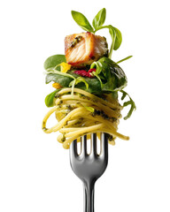 Pasta, fish, and salad artistically arranged on a fork against black