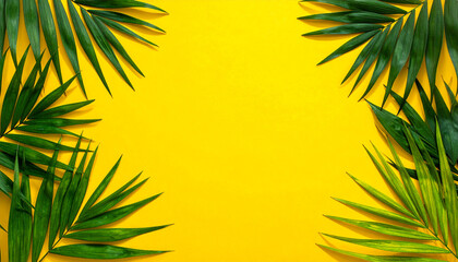 Tropical palm leaf on yellow background. Summer concept. Flat lay, top view, copy space
2