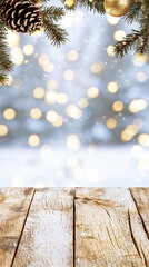 Rustic snowy wooden table surface with natural grain in the foreground, framed by pine branches, a golden bauble, and a cone against a magical bokeh light background. Cozy christmas atmosphere
