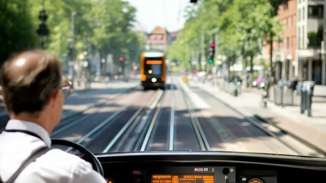 selective focus tram driver operating tram on rails