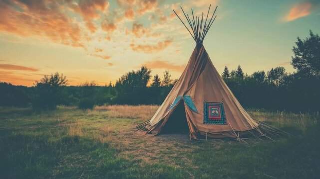 A traditional teepee stands in an open field at sunset, surrounded by lush greenery. The sky is filled with vibrant clouds as the sun sets on a peaceful evening.