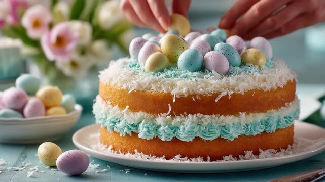 An Easter cake is garnished with colorful egg candies, pastel frosting, and coconut flakes