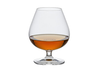 Isolated snifter glass filled with amber brown liquor for tasting brandy beverage