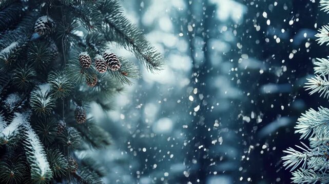 Snowy pine branches in focus, captured at eye level. Ideal for a winter-themed video.
