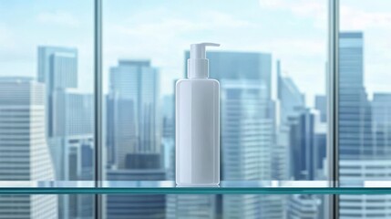 A minimalist white bottle exudes elegance on a glass shelf.