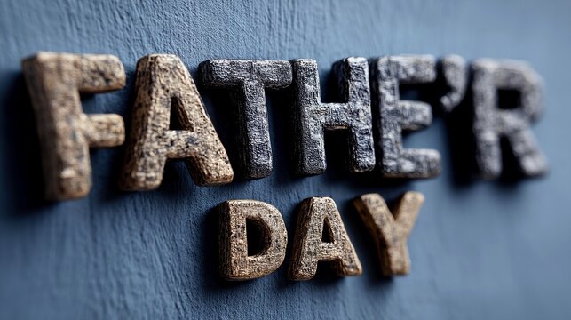 Textured 3D letters spelling "FATHER DAY" are arranged on a dark blue surface, creating a festive and celebratory visual.