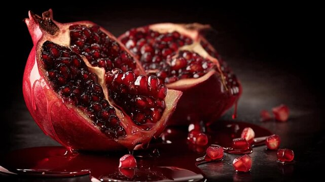 A halved pomegranate with seeds spilling out, showcasing its vibrant red color and juicy texture.
