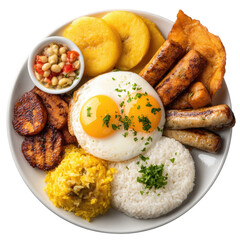 Hearty plate eggs, sausage, plantains, rice, beans, and arepa breakfast