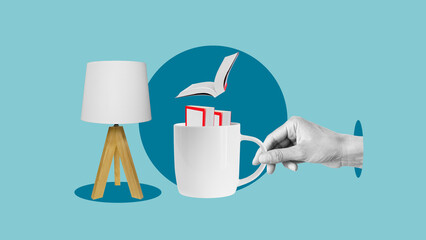 Knowledge and creativity concept - books, coffee, studying and self-development at home. Imagination and ideas flow