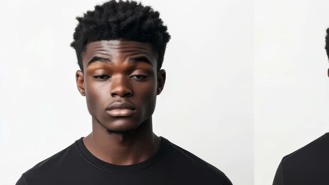 A male student stands confidently, displaying both front and back views. He wears a simple black t-shirt, and the minimalist backdrop accentuates his demeanor and style.