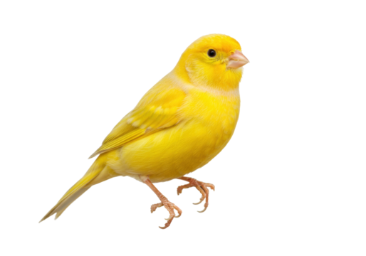 Isolated yellow Canary bird standing, perched on its legs, singing on bright background